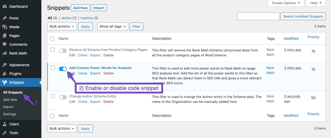 Enable or disable code snippet