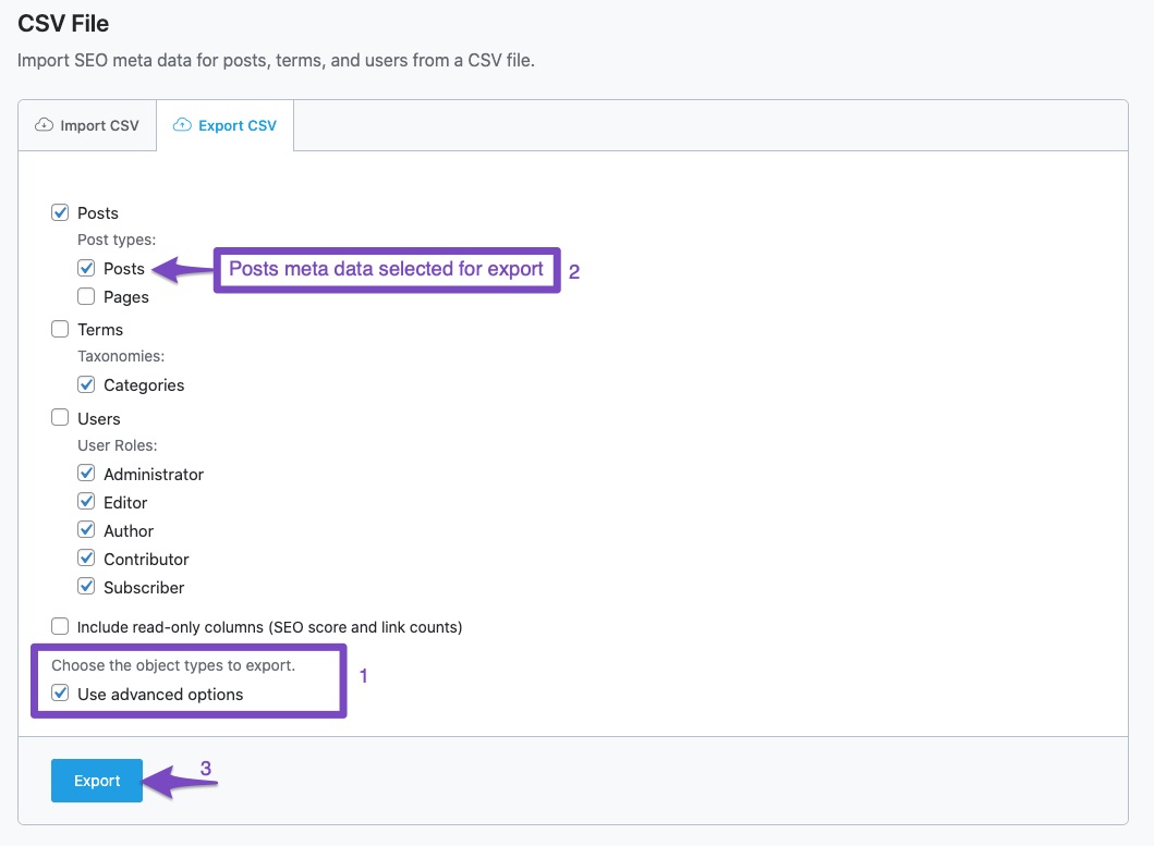 Export CSV advanced options