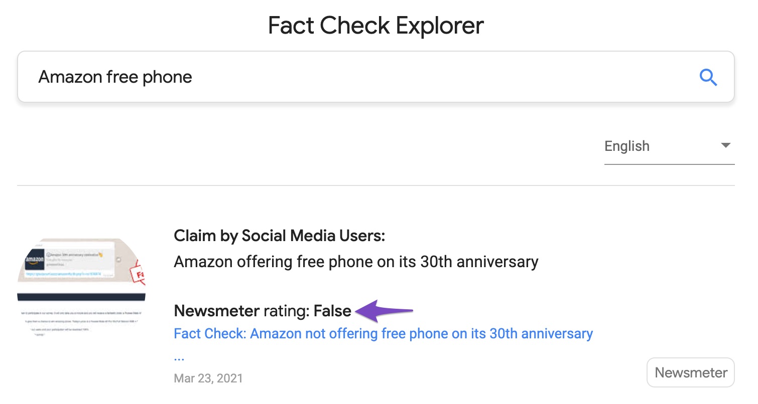 Fact Check Schema example in Fact Check Explorer