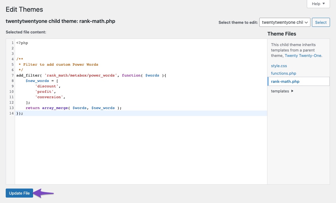 Save changes to rank-math.php file