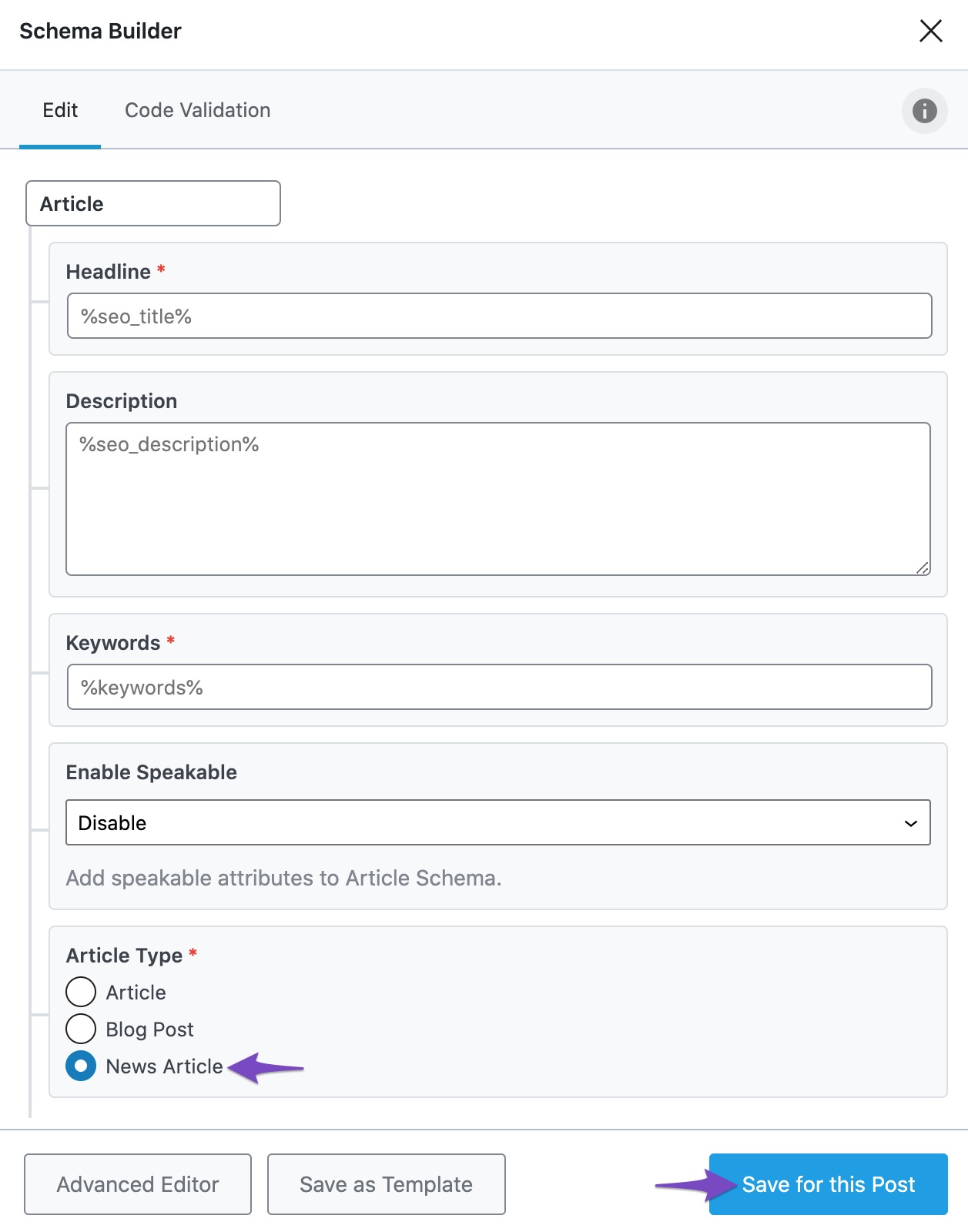 Select News Article as Schema type