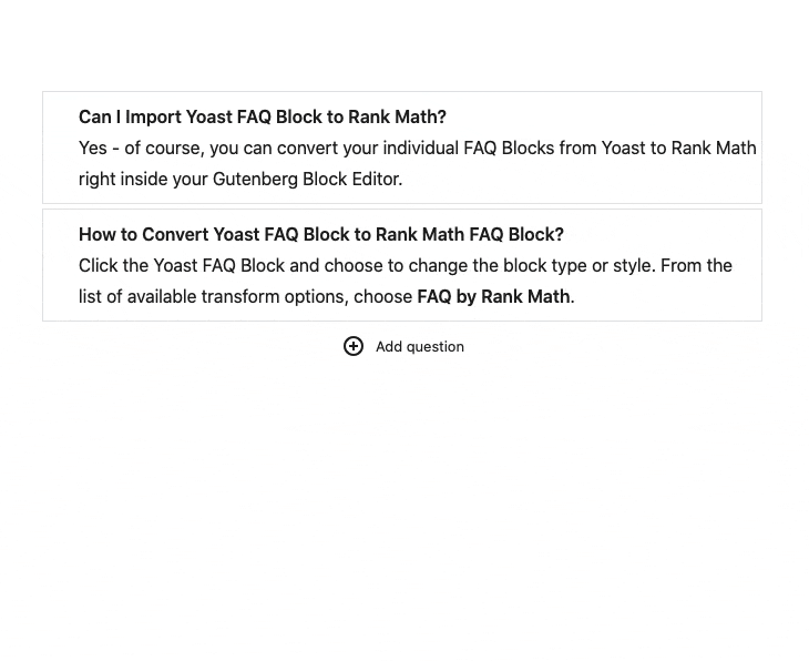 Transforming Yoast FAQ block to Rank Math FAQ block