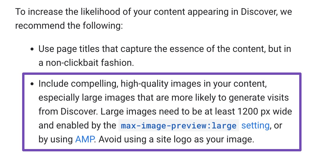 Google guidelines for images in Discover