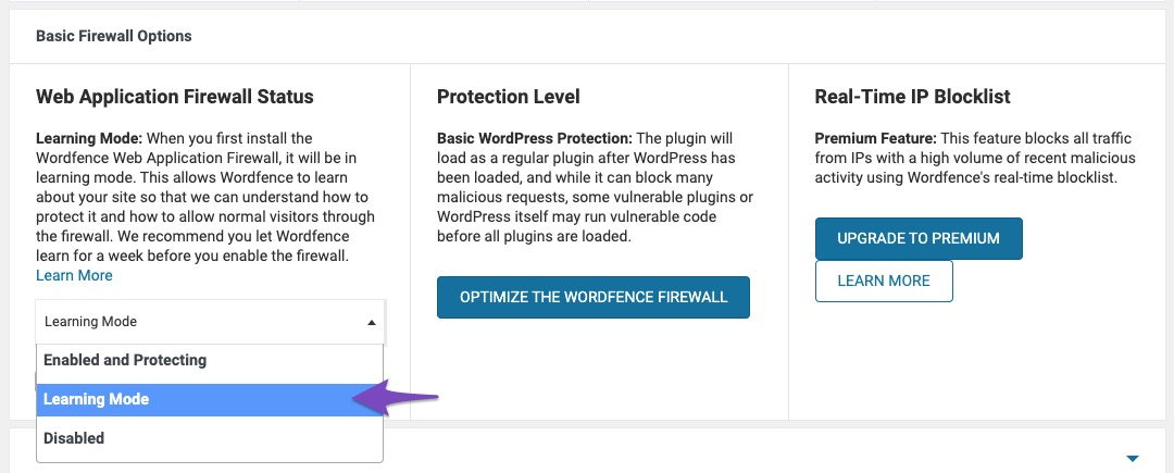 Choose learning mode in Wordfence