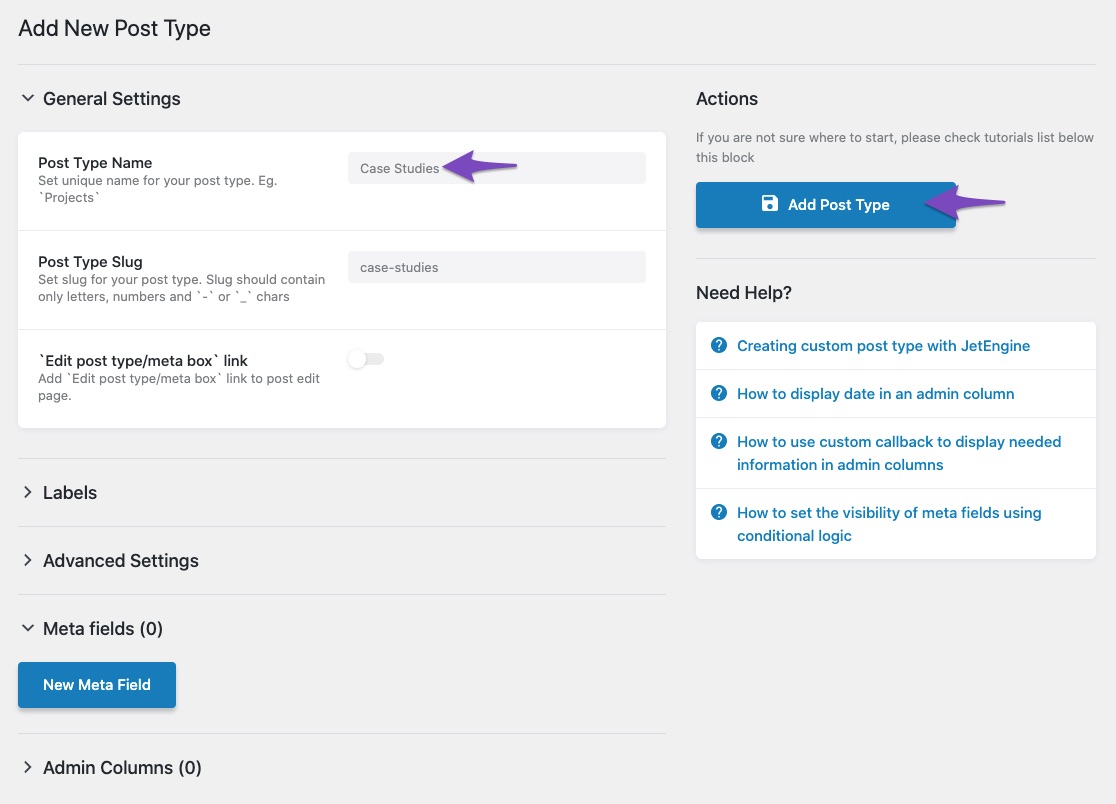 Creating new post type in JetEngine