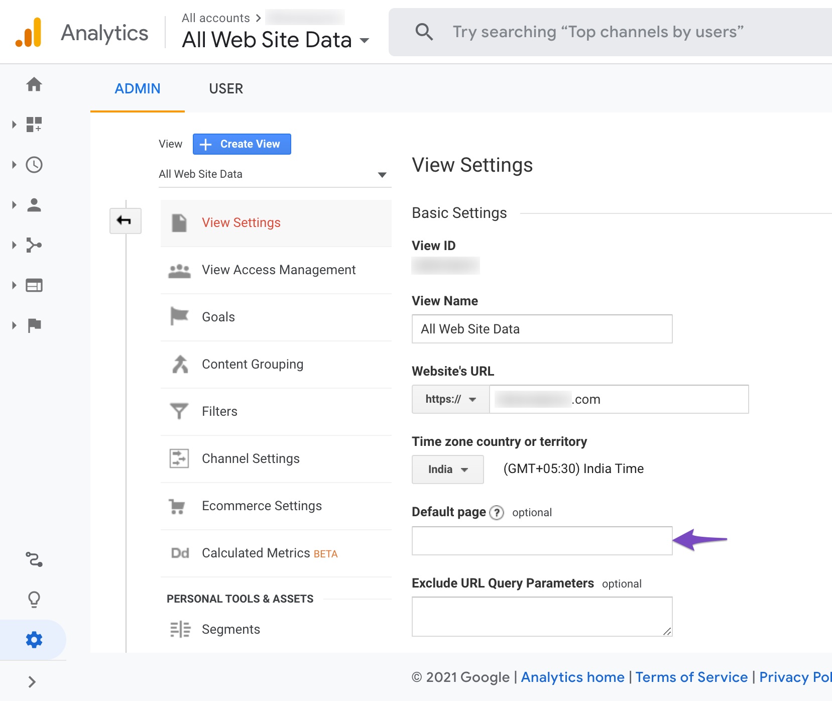 Default page in Google Analytics