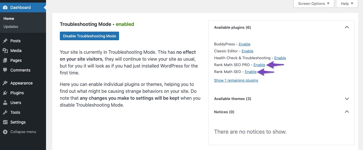 Enabling Rank Math and Rank Math PRO in troubleshooting mode