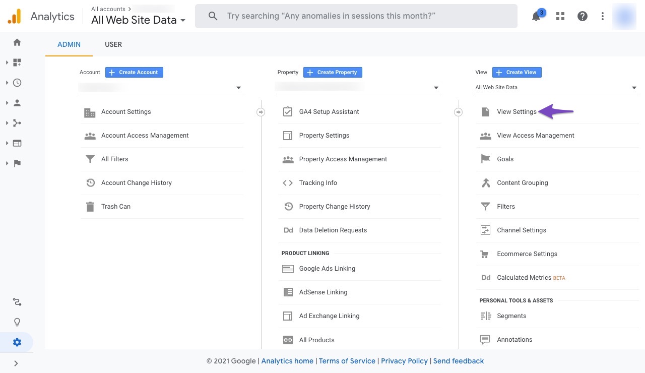 Open Google Analytics View settings