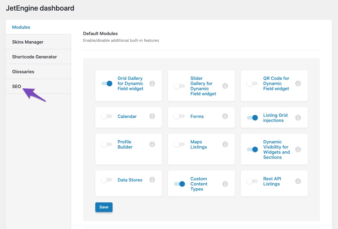 Navigate to SEO tab in JetEngine dashboard