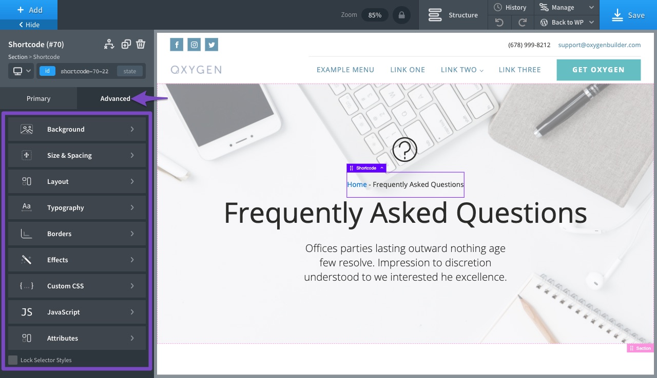 Oxygen builder advanced tab shortcode styling