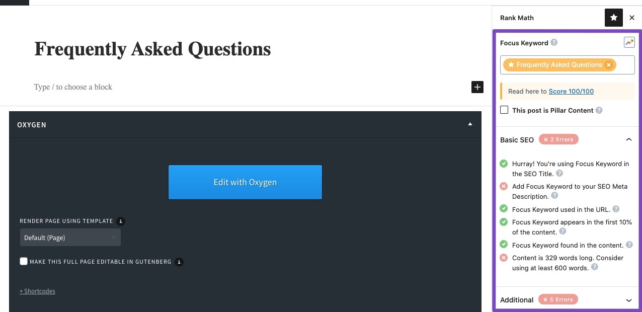 Rank Math content analysis test in Oxygen Builder