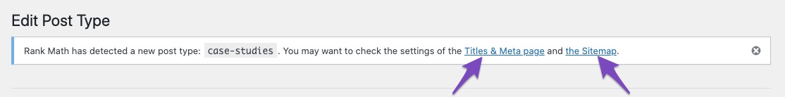 Rank Math notice for new post type