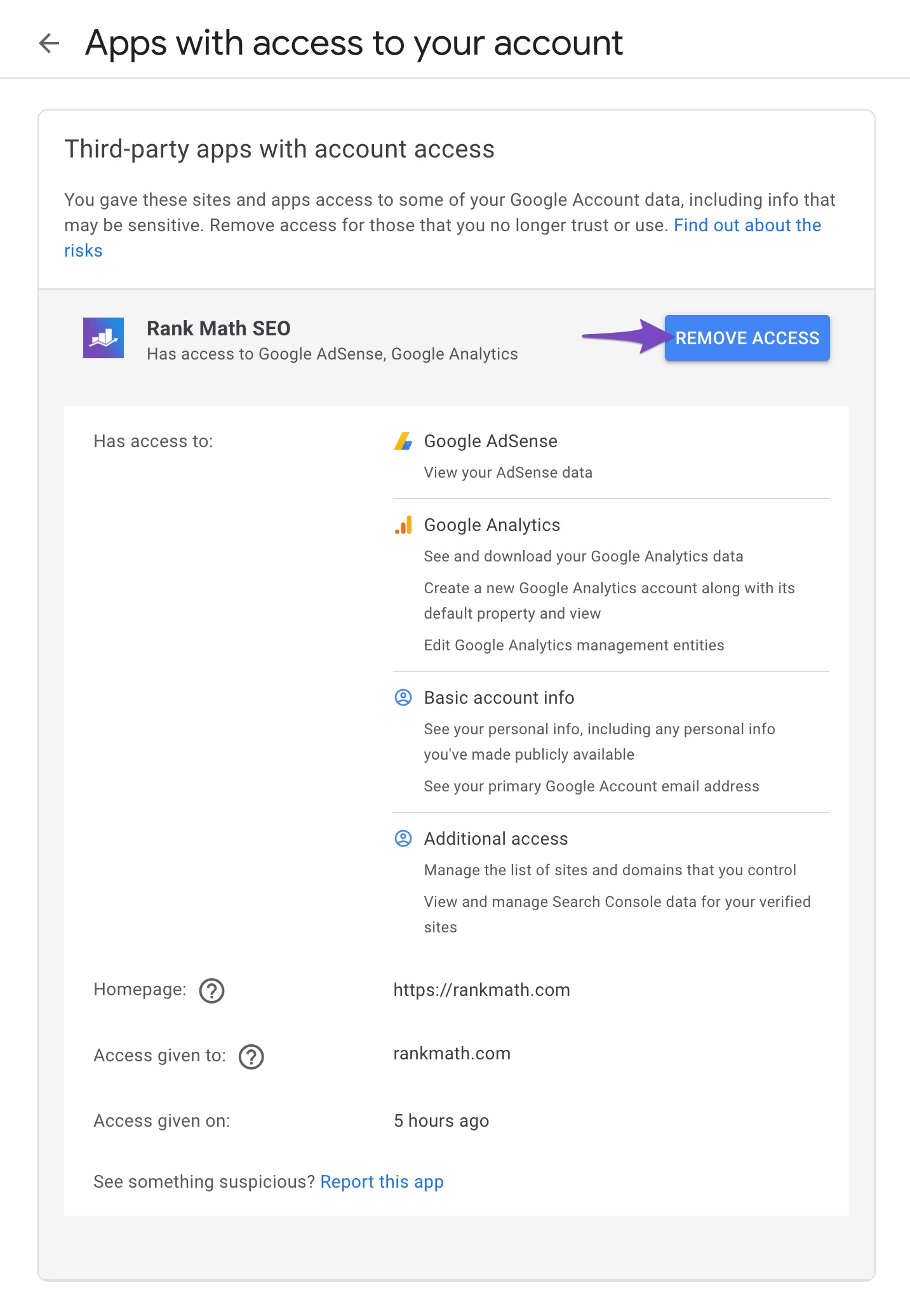 Remove Rank Math app from Google account