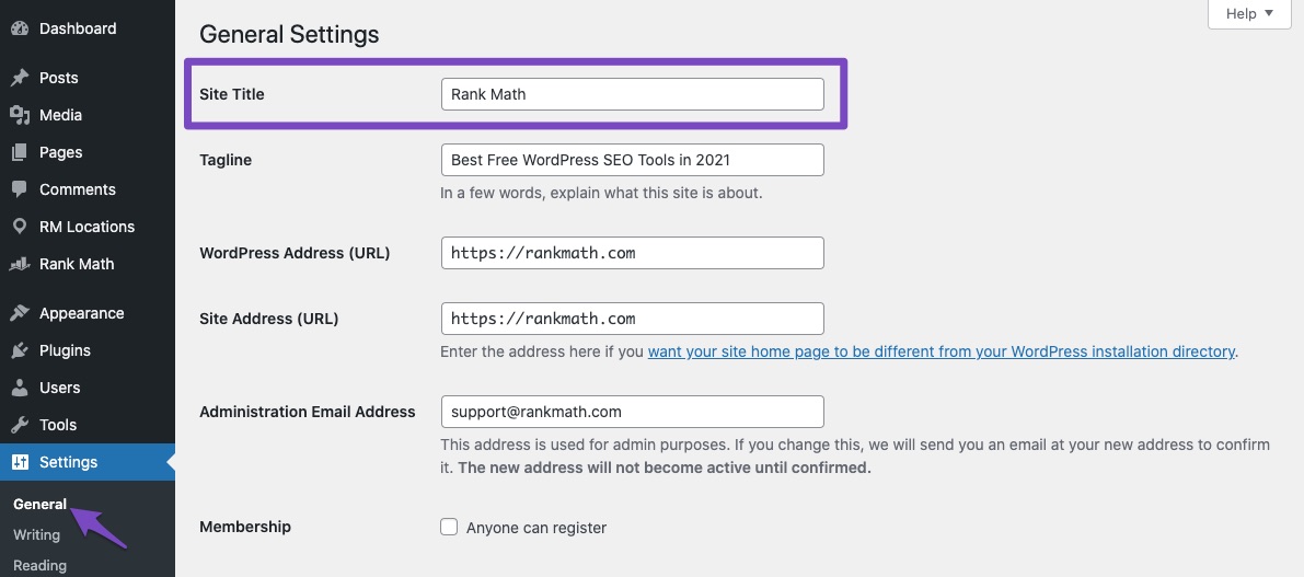 Site Title in WordPress settings