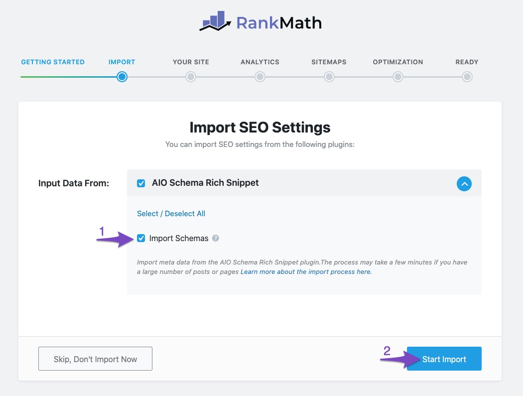 Start import from All In One Schema Rich Snippets plugin