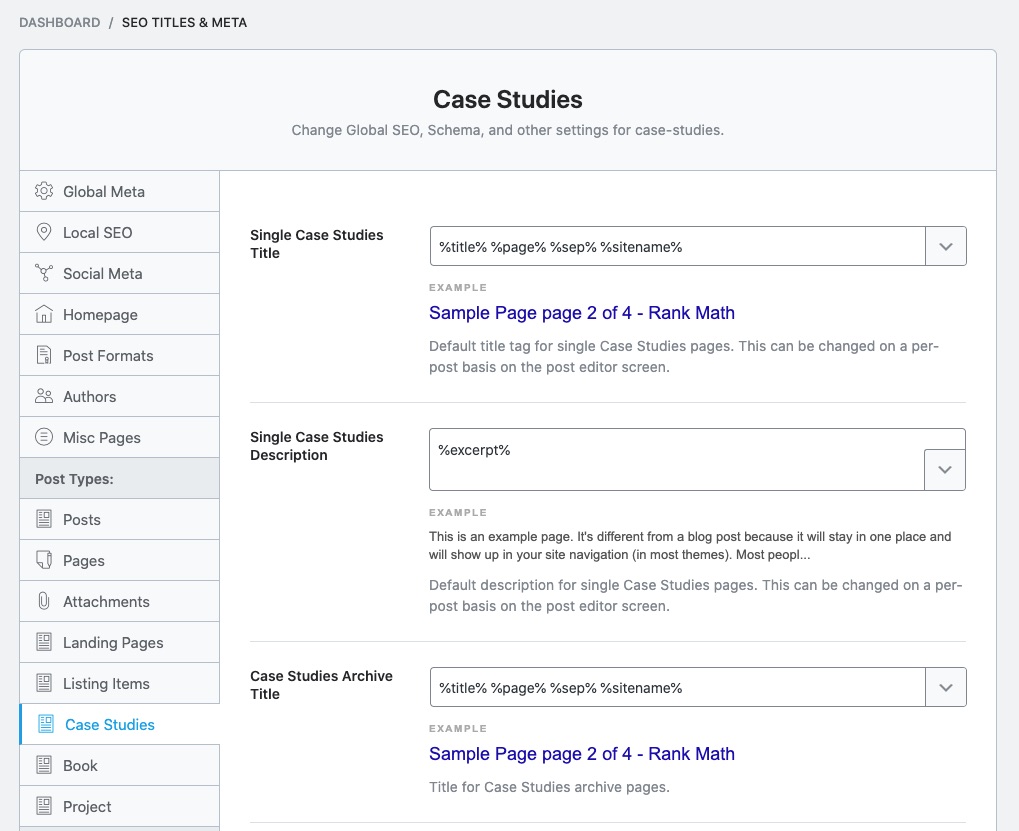 Titles and Meta settings for new post type created with JetEngine