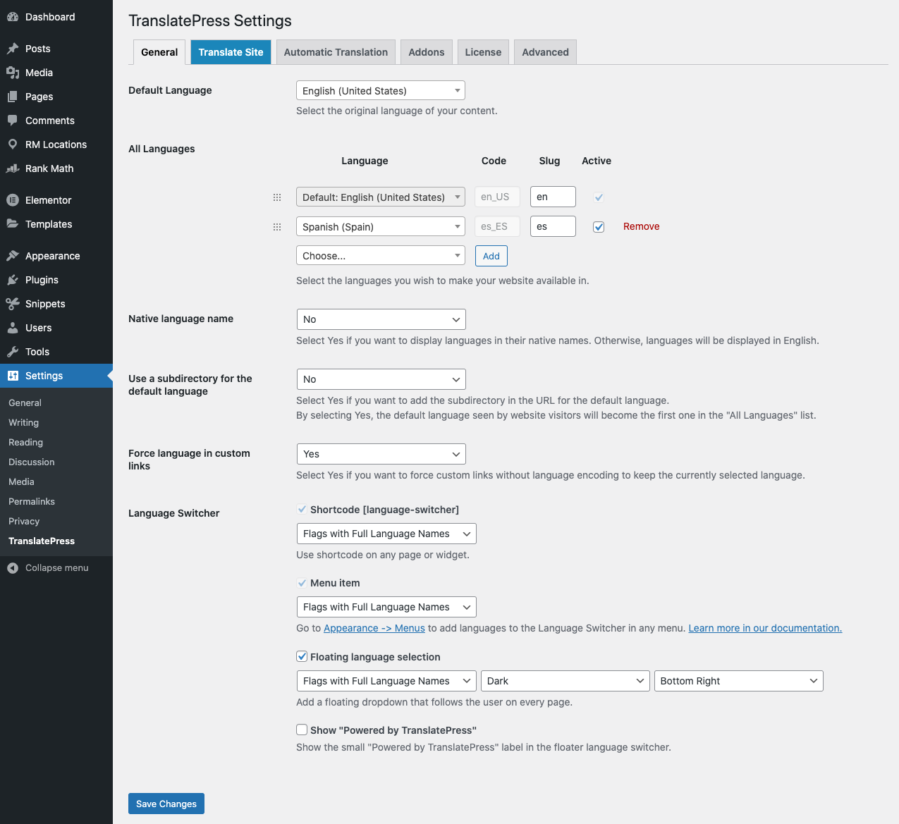 TranslatePress settings