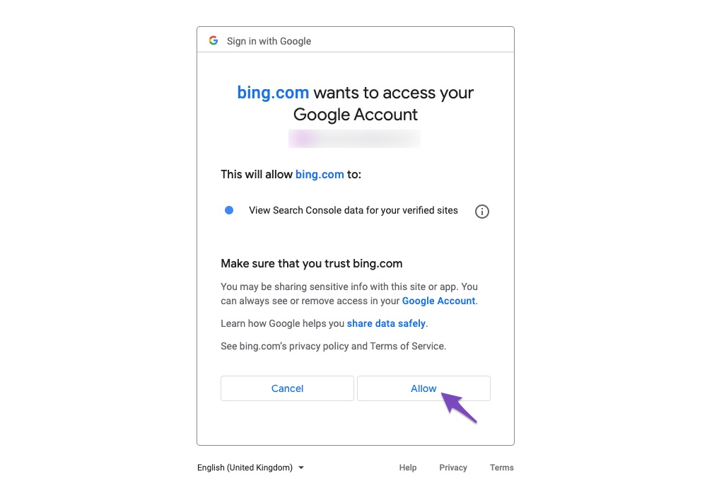 Allow Bing to access your Google account