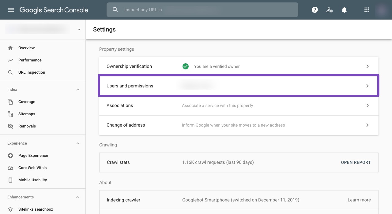 Pilih Pengguna dan Izin di pengaturan Google Search Console