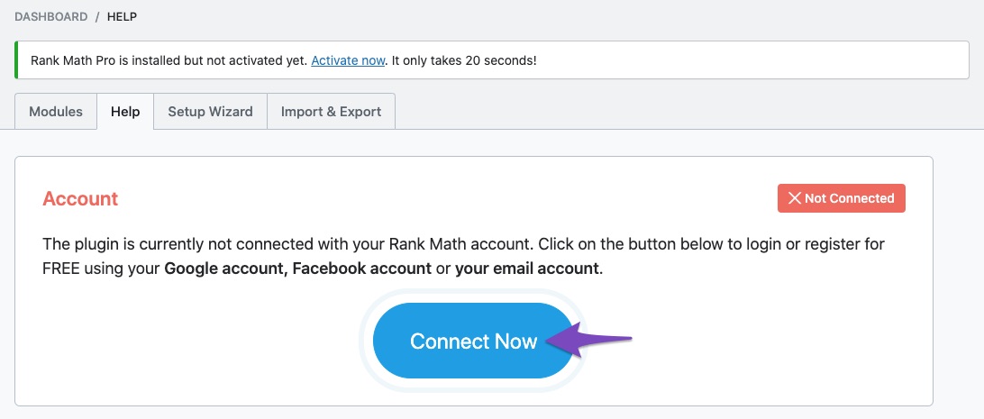 Click Connect Now in Rank Math