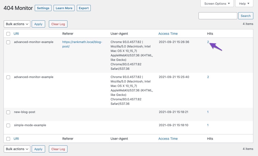 Click Hits in Advanced 404 Monitor