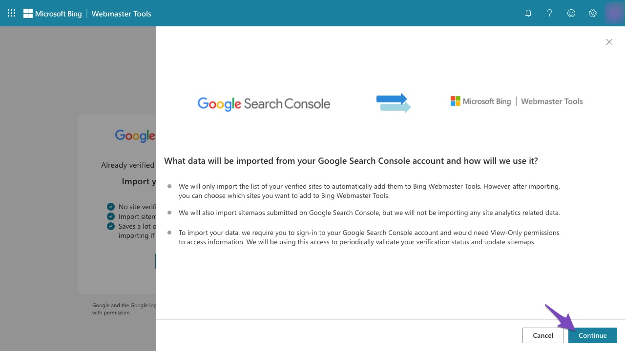 Allow Bing to import data from Google Search Console