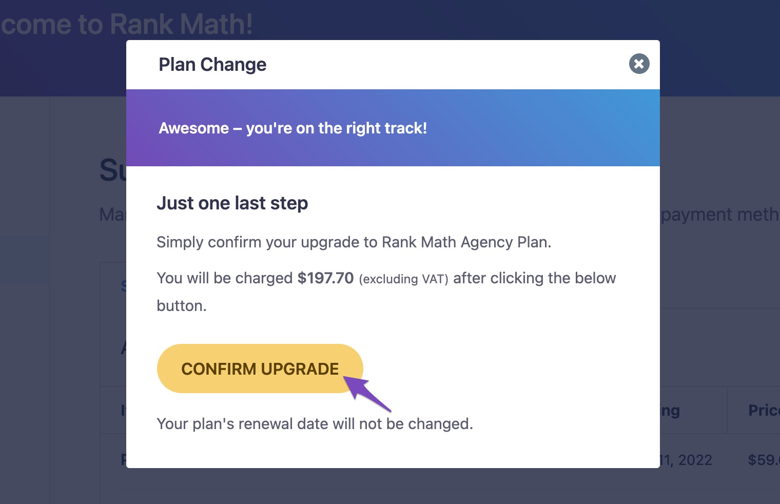 Confirm upgrade to Rank Math agency plan