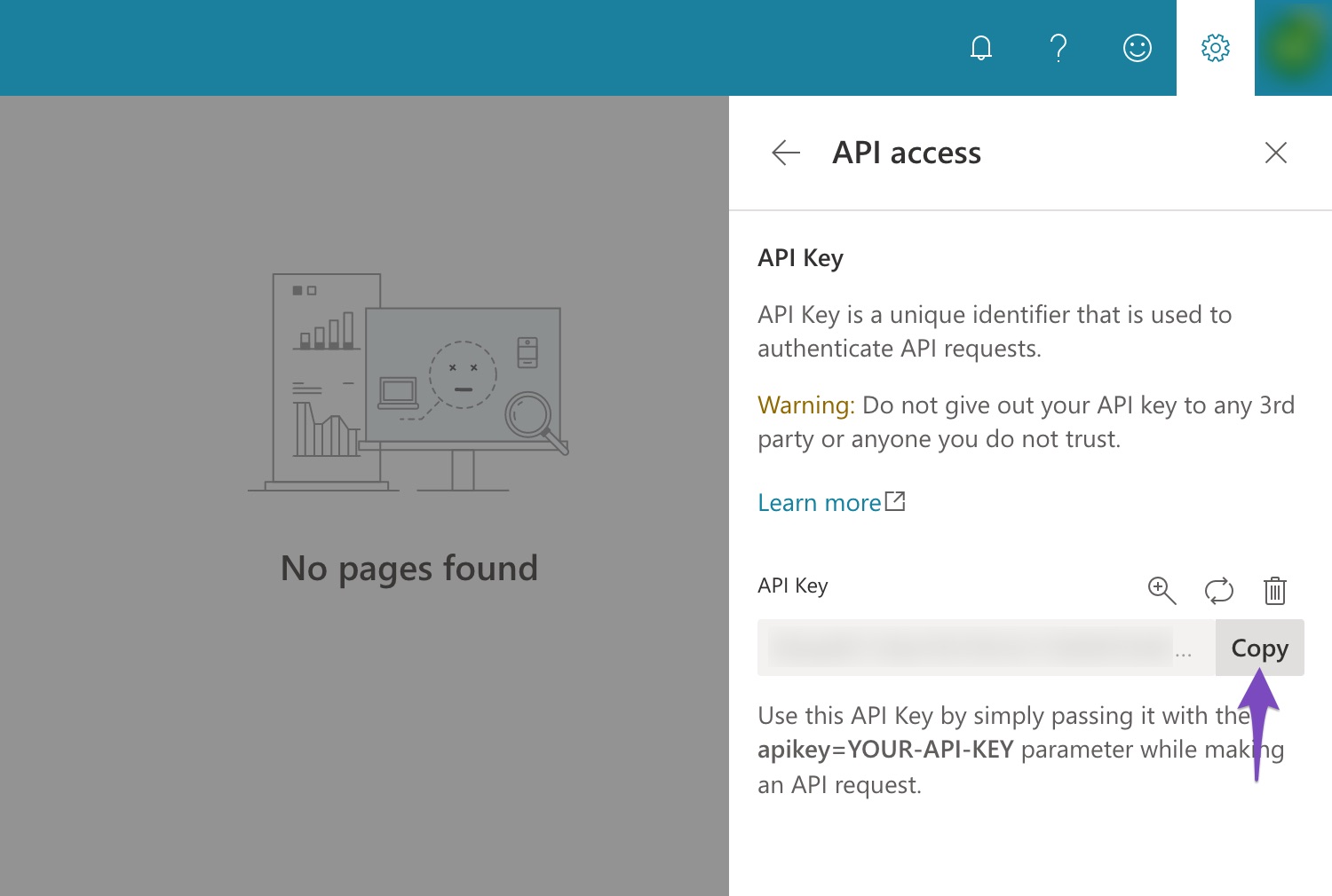 Copy API Key from Bing Webmaster Tools