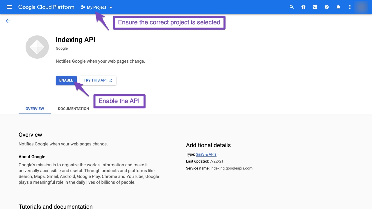 Kích hoạt API lập chỉ mục trong Google Cloud Platform