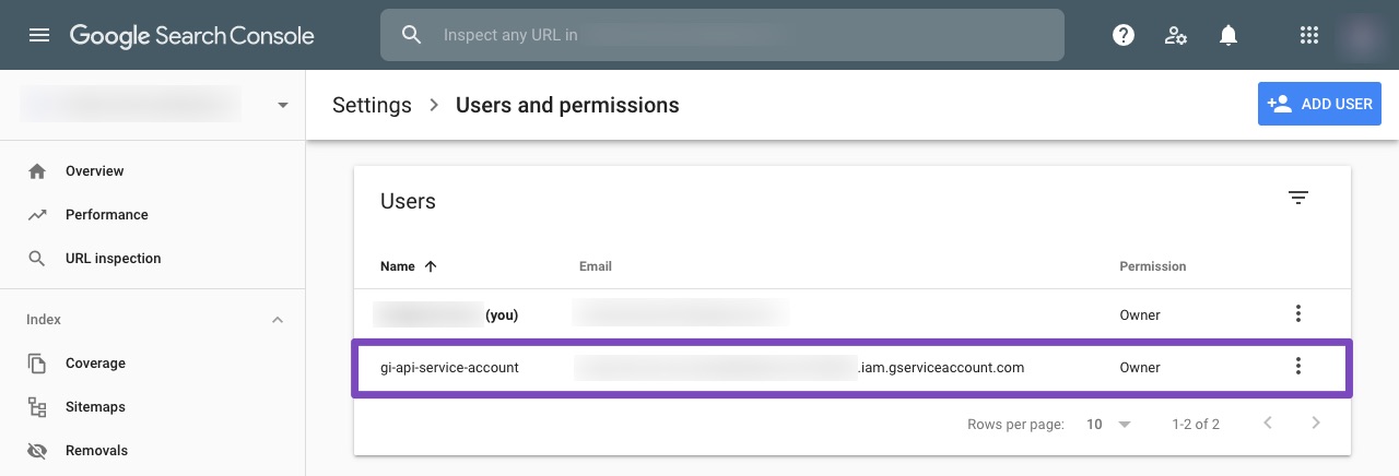 Akun Layanan Google ditambahkan ke pengguna Google Search Console