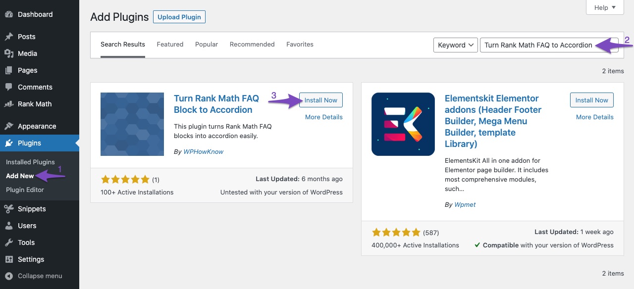 Install Turn Rank Math FAQ Block to Accordion