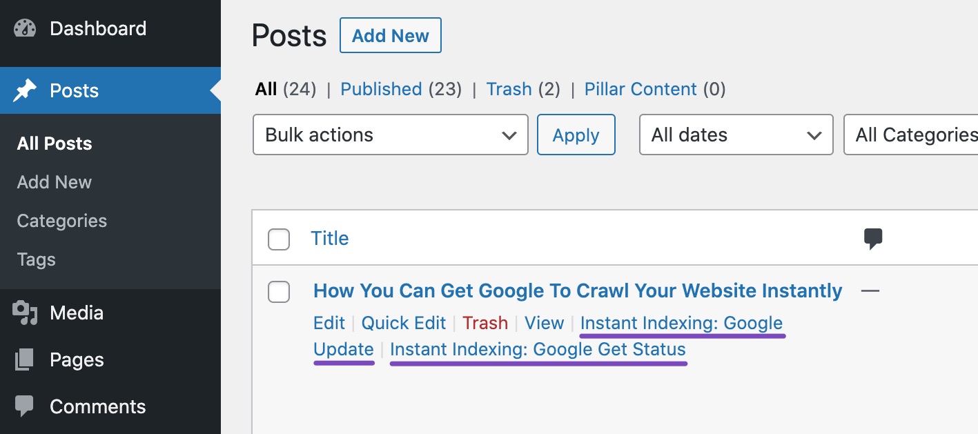 Instant Indexing update and get status in posts screen