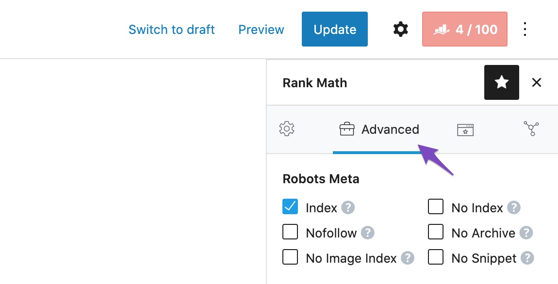Navigate to the Advanced tab in Rank Math Meta Box
