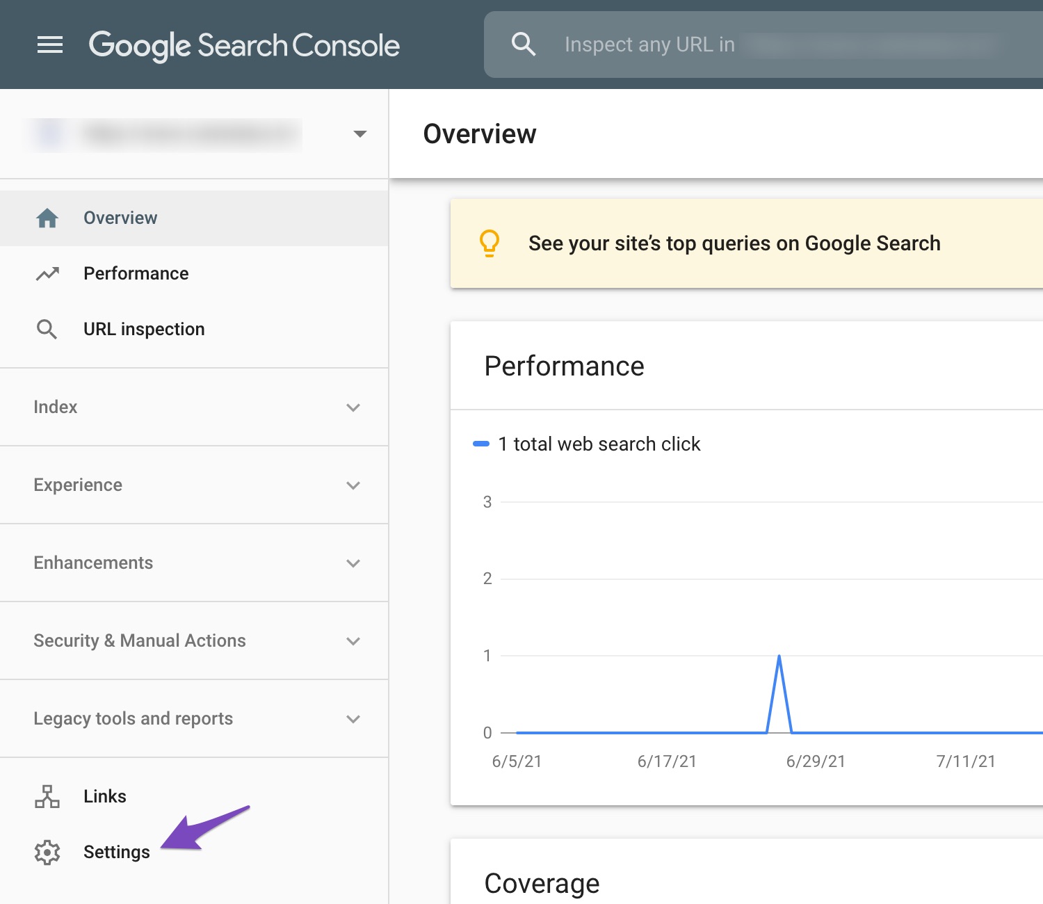 Open settings in Google Search Console