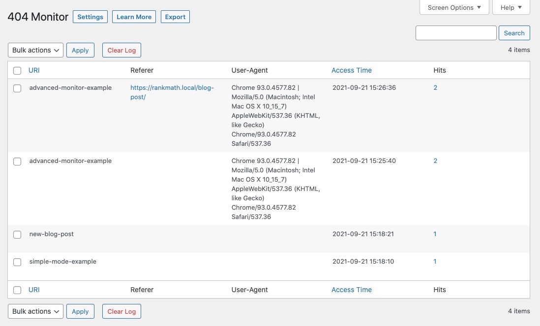 Rank Math Advanced 404 Monitor errors recorded