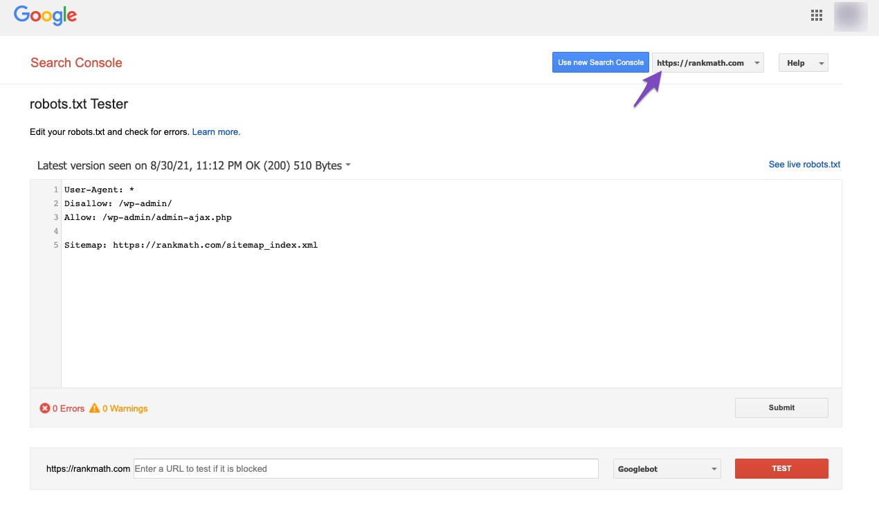 Select site in robots.txt Tester