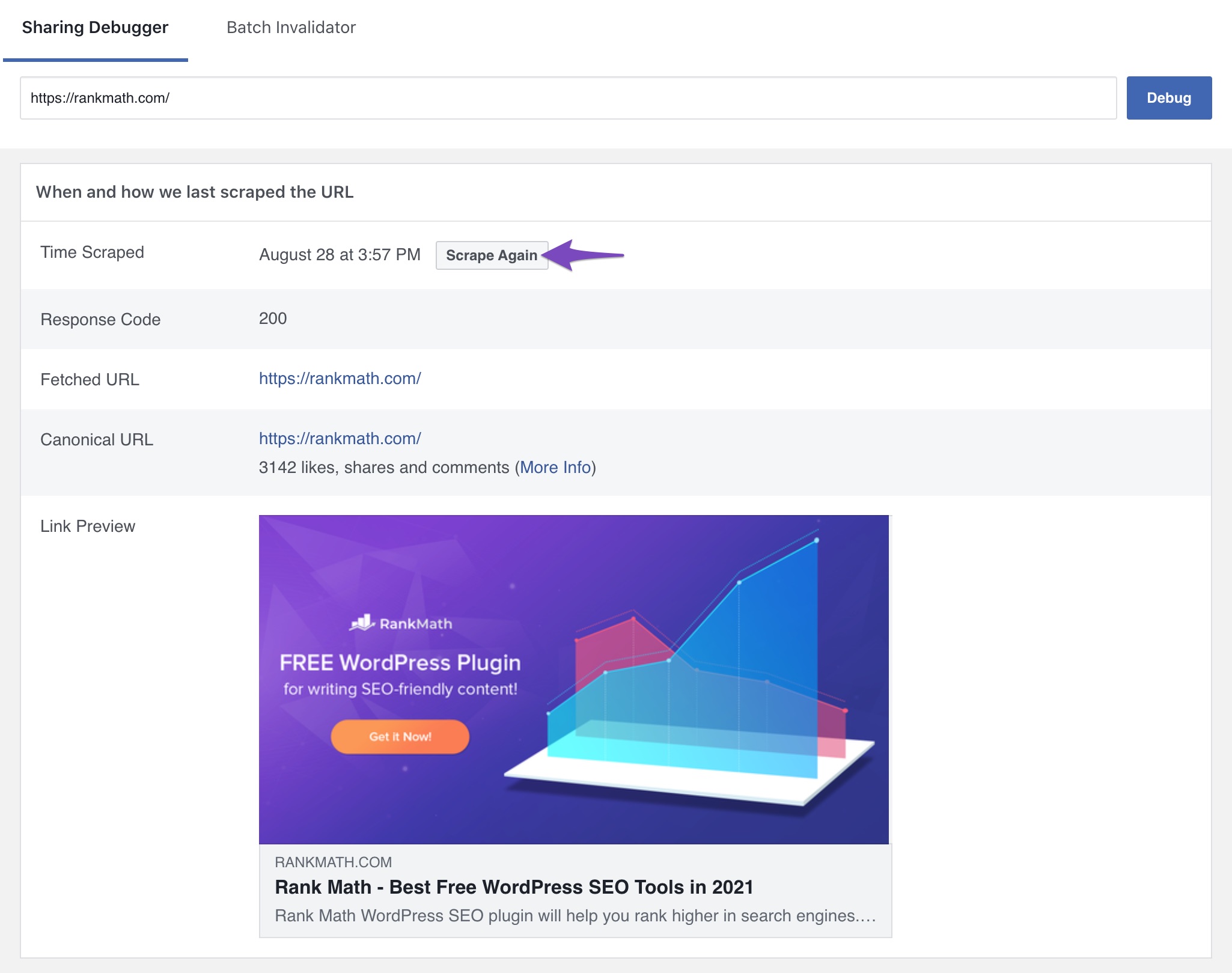 Scrape again in Facebook sharing debugger