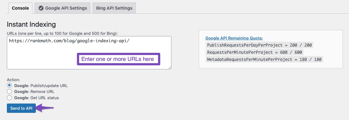 Send URLs to API for Instant Indexing