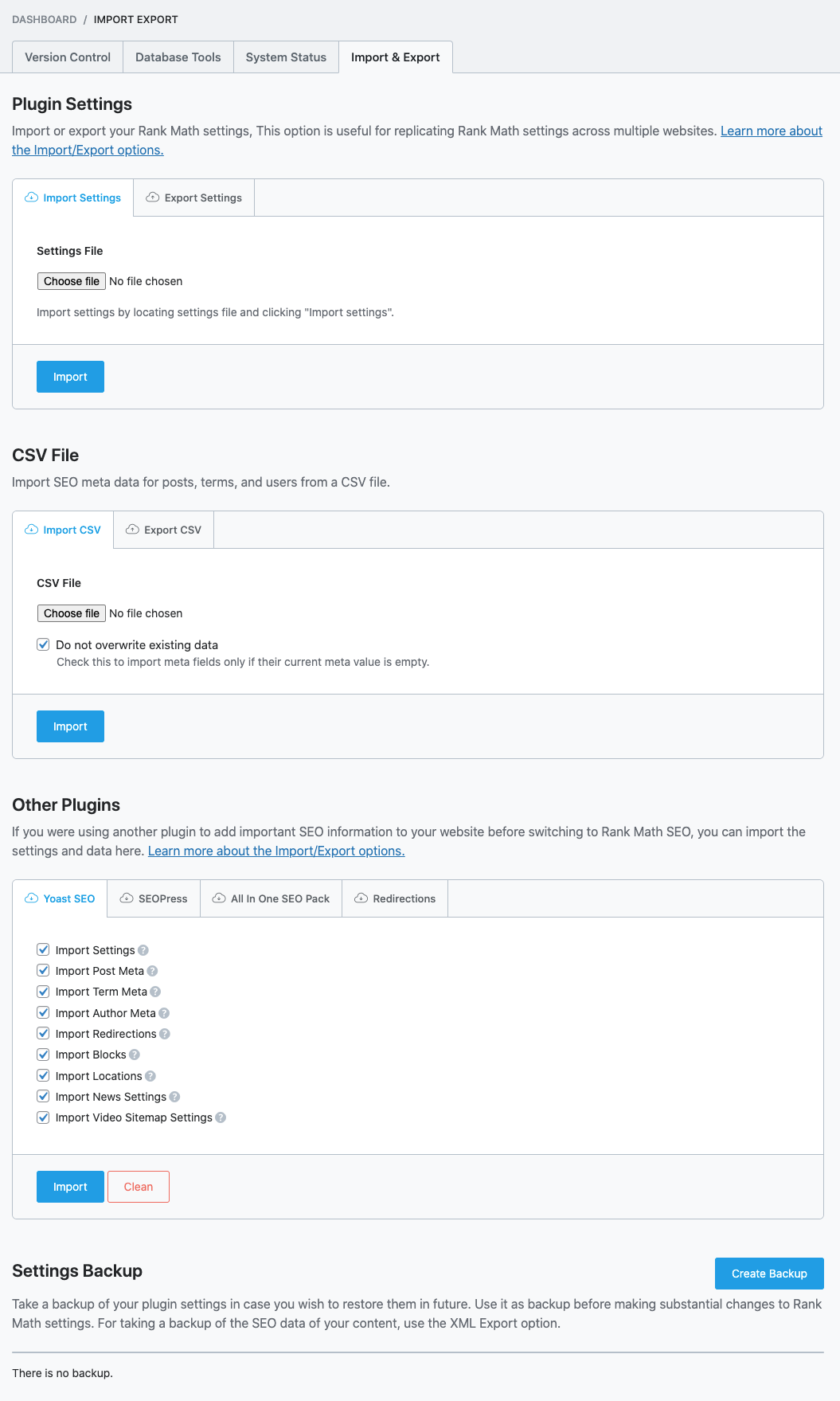 Settings available in Rank Math Import and Export