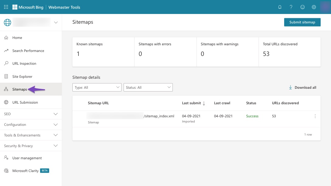 Sitemap in Bing Webmaster Tools