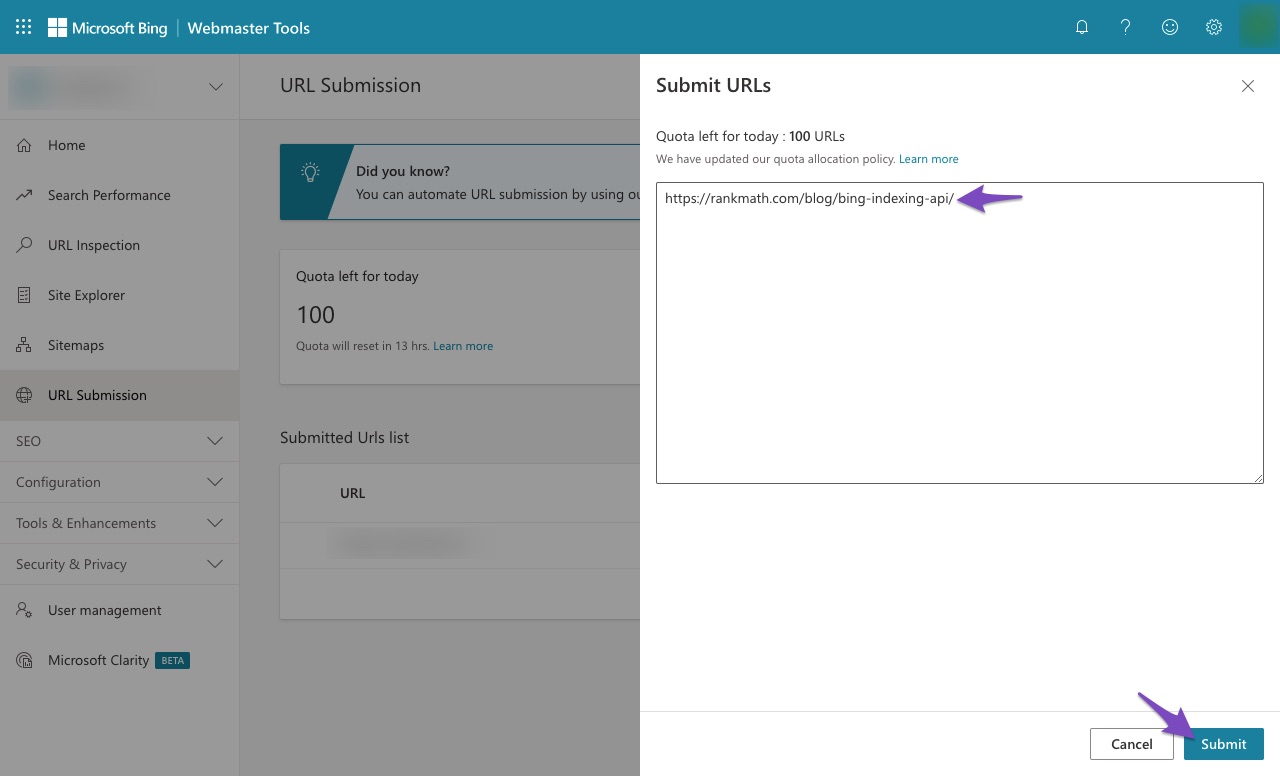 Submit URLs at Bing Webmaster Tools