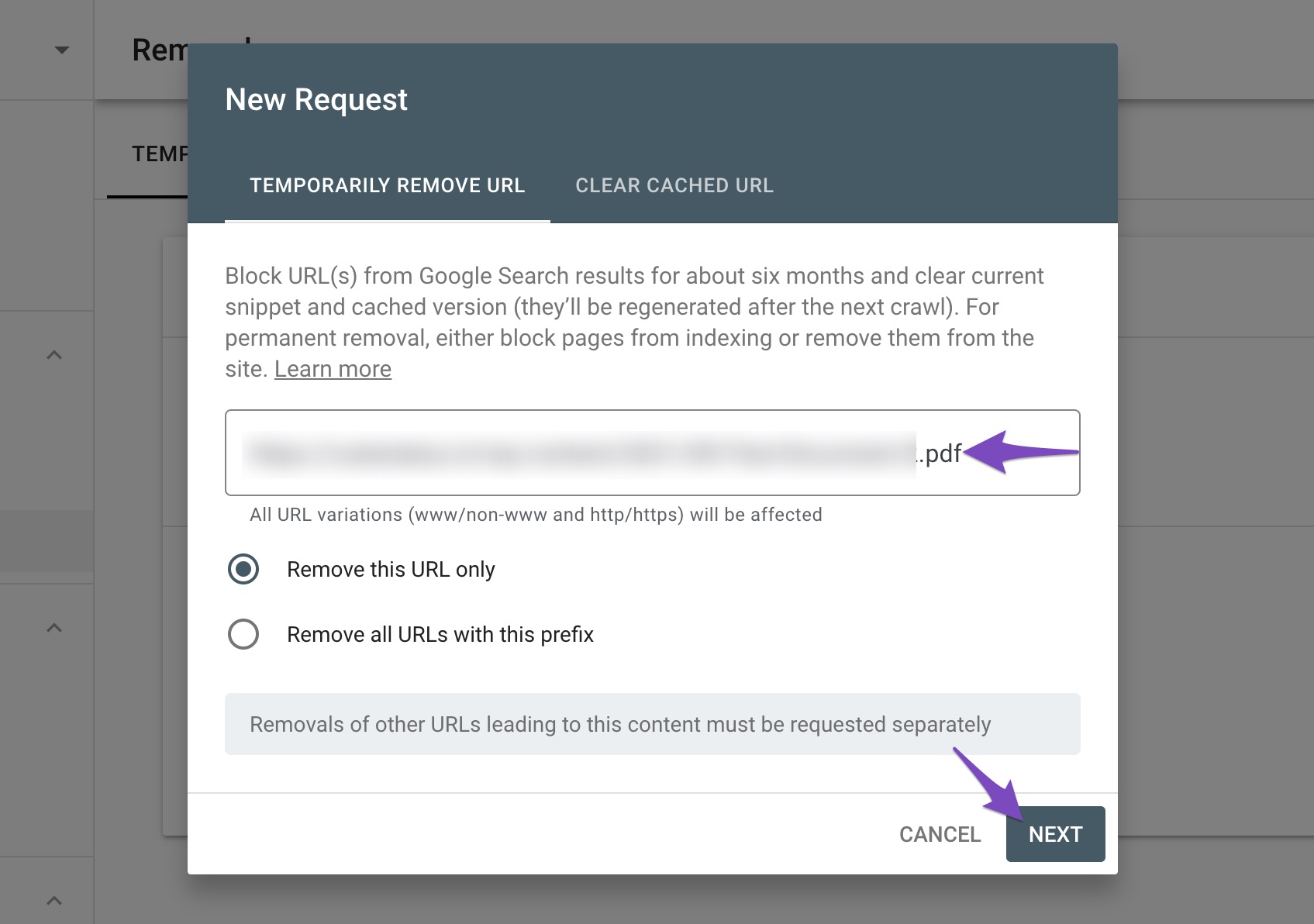 Submit new request for removal in Google Search Console
