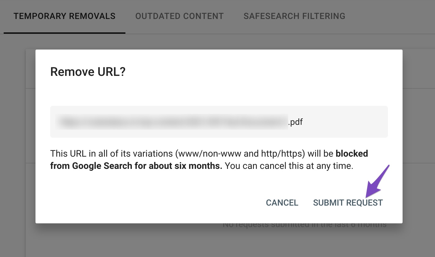 Submit Request to remove URL from Google Search Console