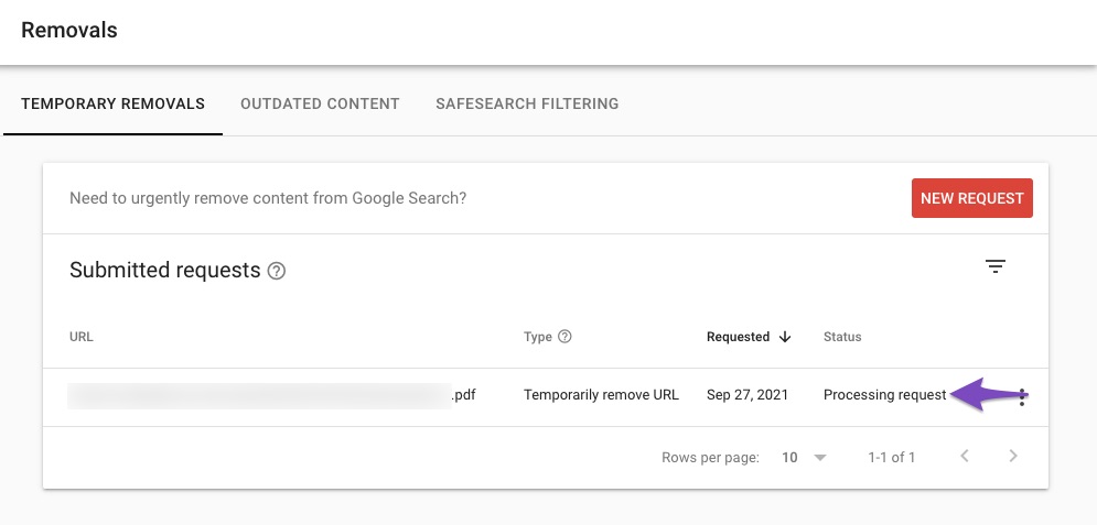 Temporary removal status in Google Search Console