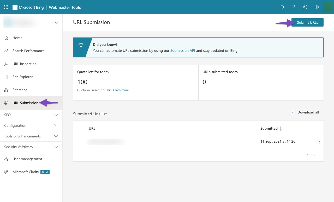 URL Submission in Bing Webmaster Tools