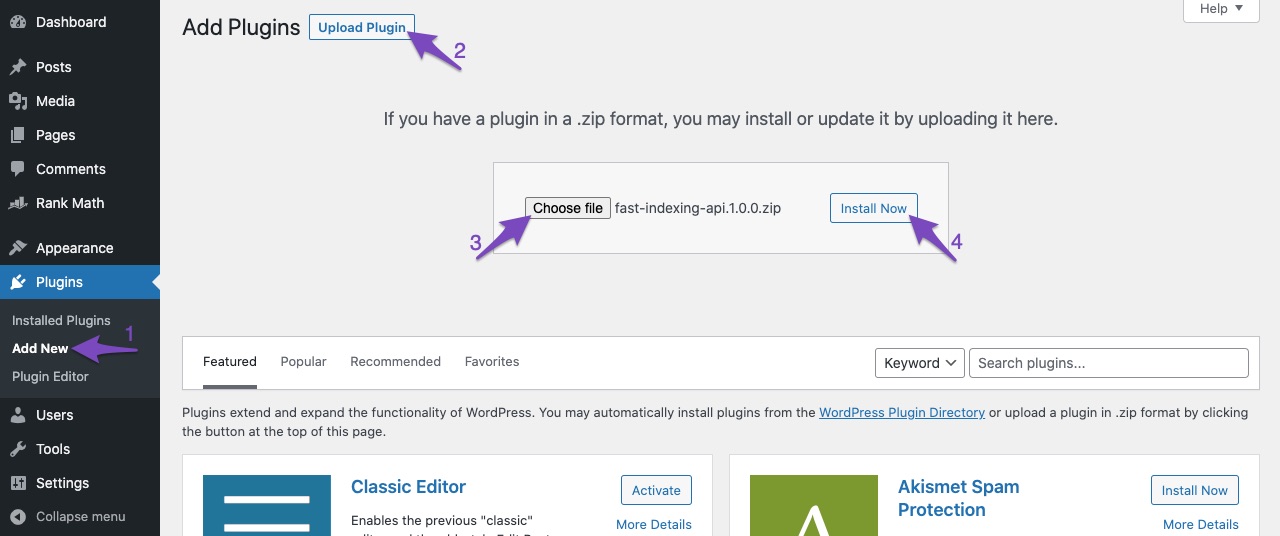 Unggah plugin Pengindeksan Instan melalui dasbor WordPress