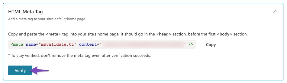 Verify HTML Meta Tag in Bing Webmaster Tools