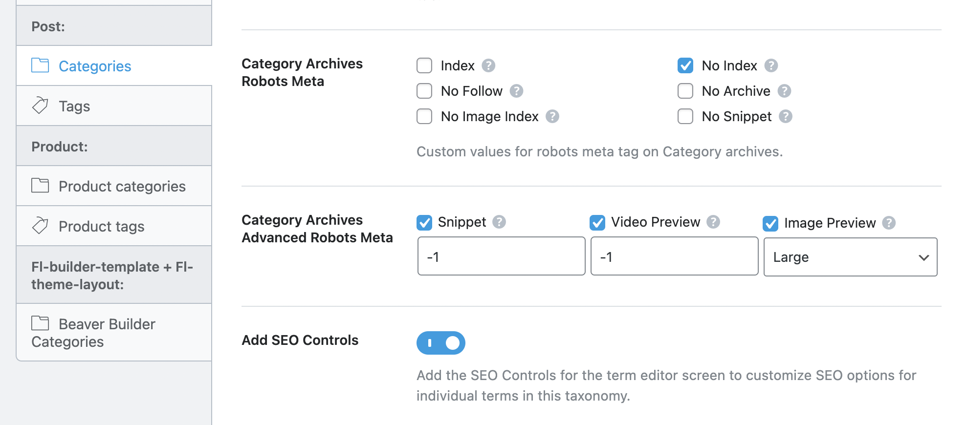 NoIndex Categories