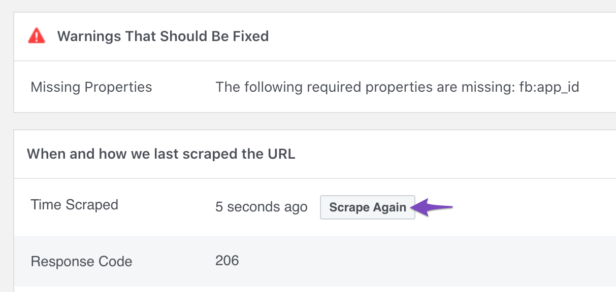 Click Scrape Again in Facebook Debugger tool