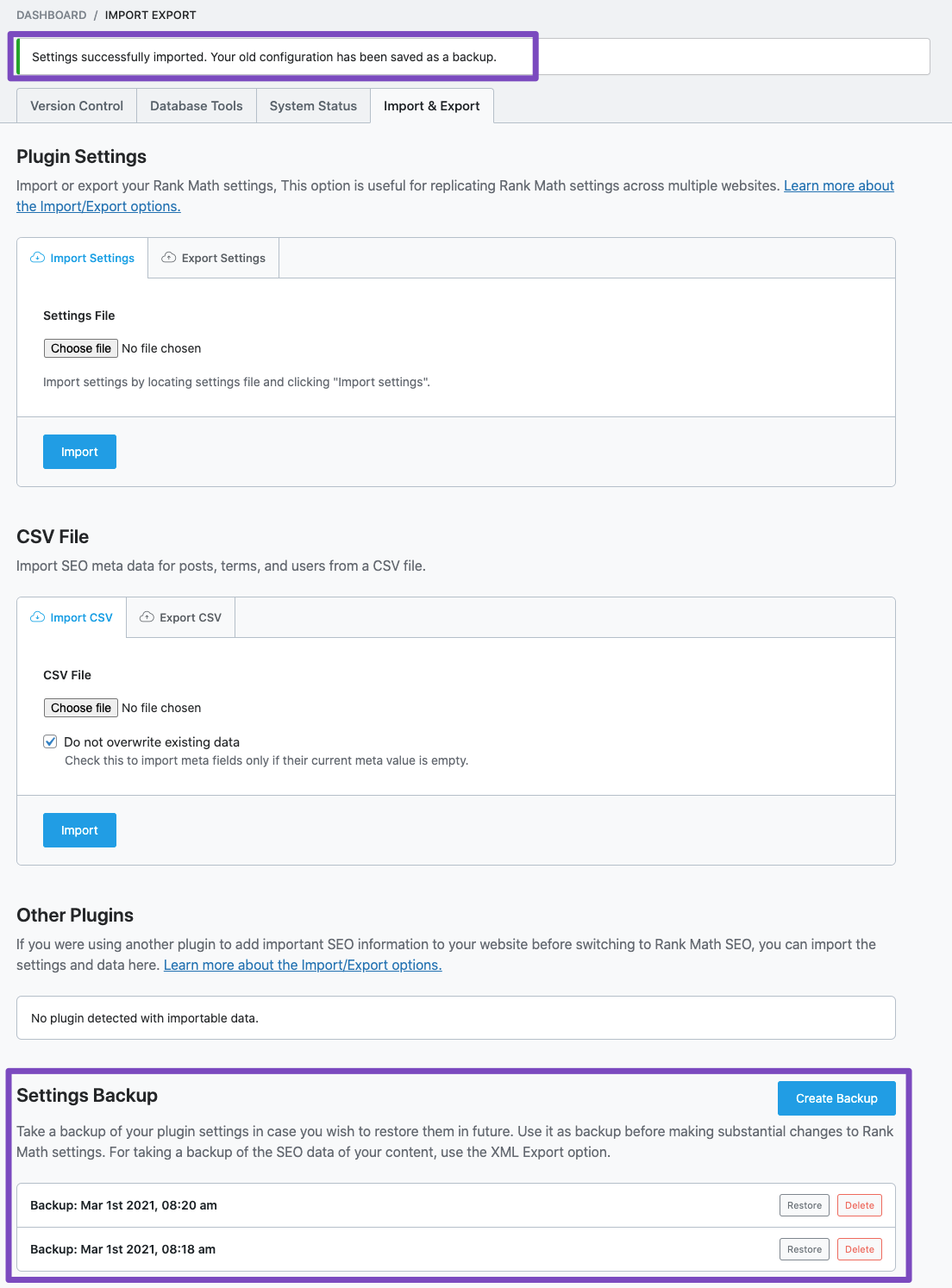 Rank Math Import & Export settings backup